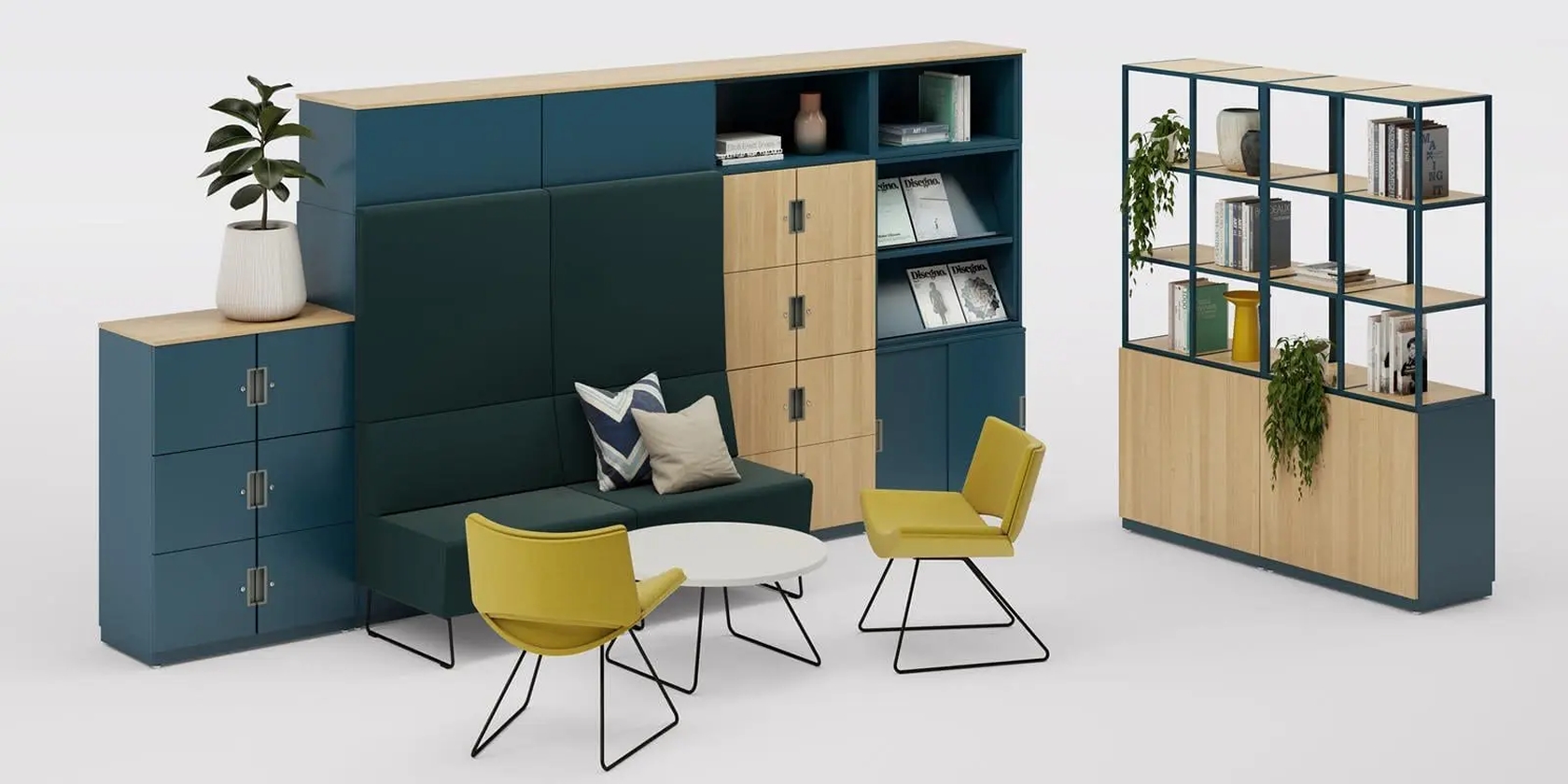 Lounge inspirációs kép sárga fotelek zöld szekrénnyel